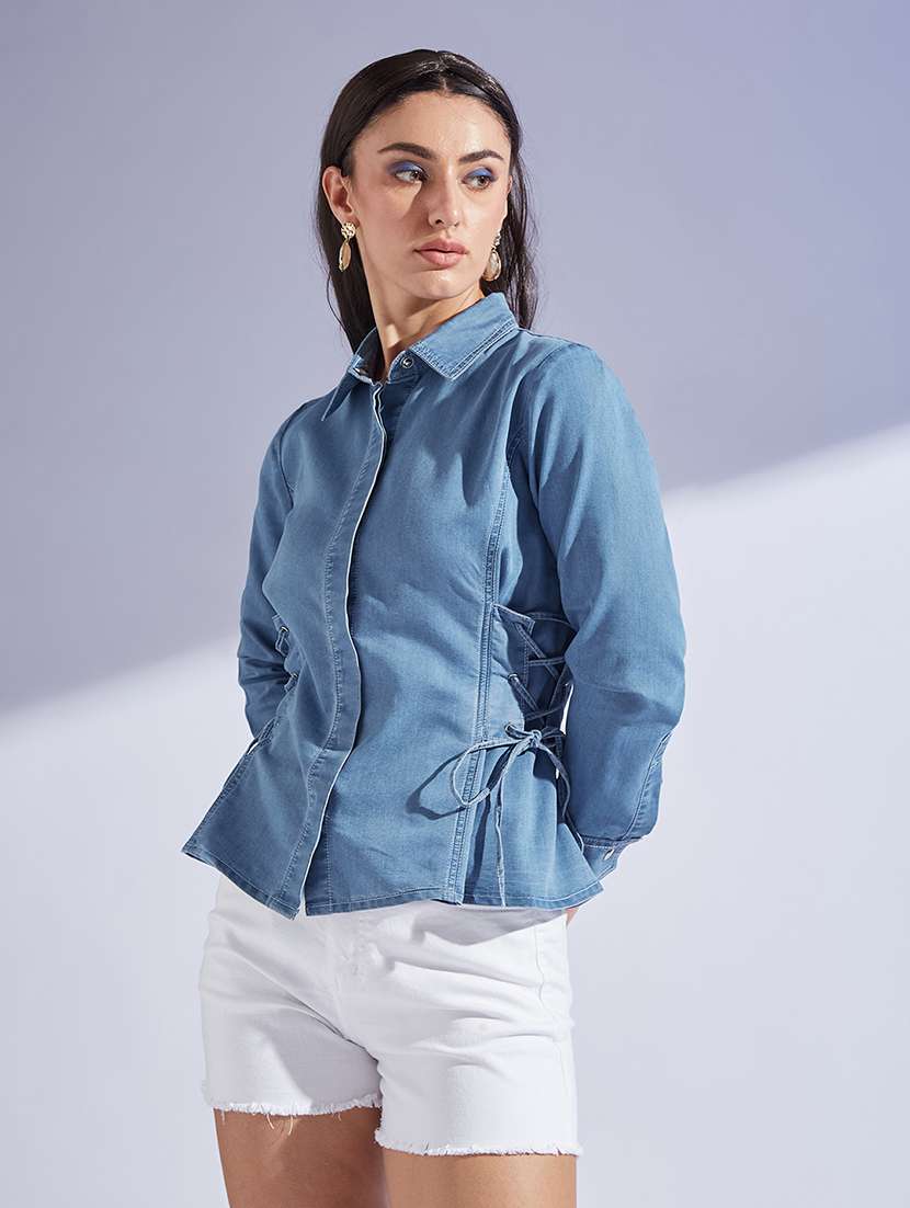 women solid collared long sleeve denim shirt - 22472495 -  Standard Image - 3