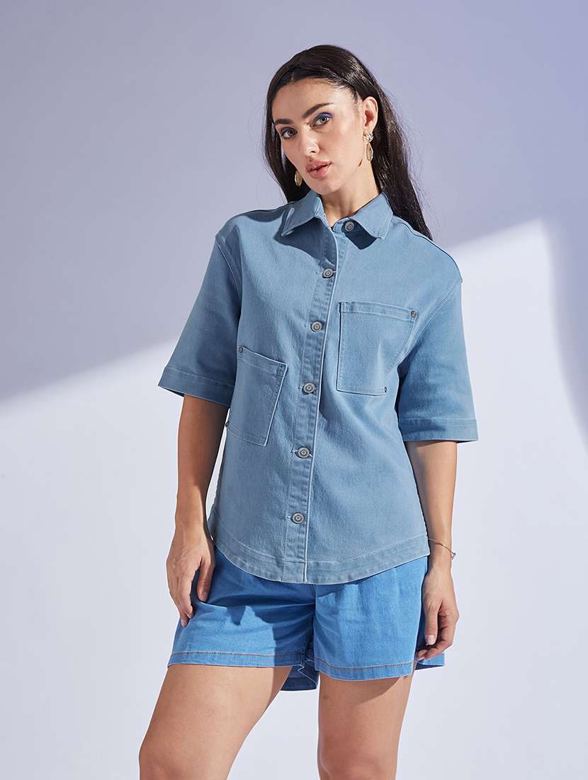 women solid blue denim regular shirt