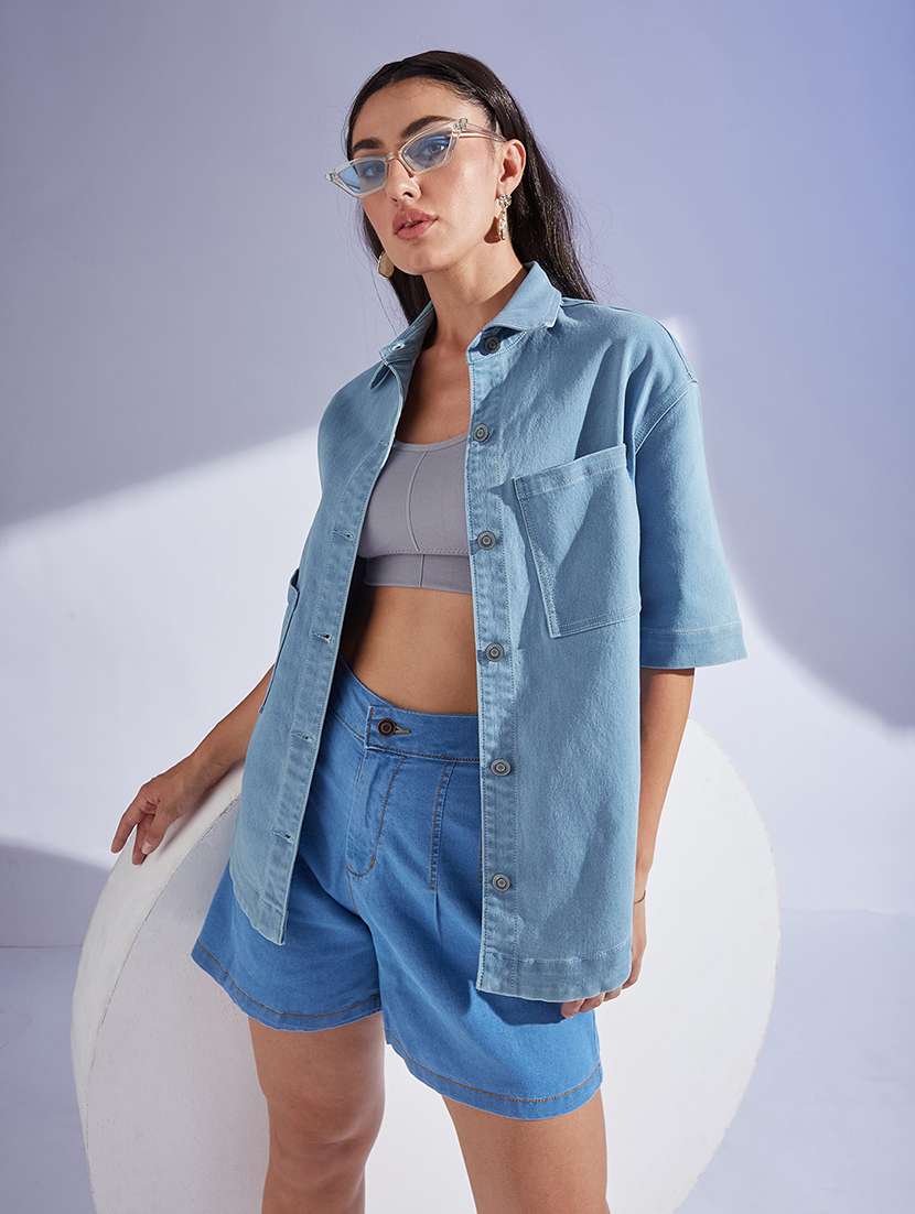 women solid blue denim regular shirt - 22472496 -  Standard Image - 3