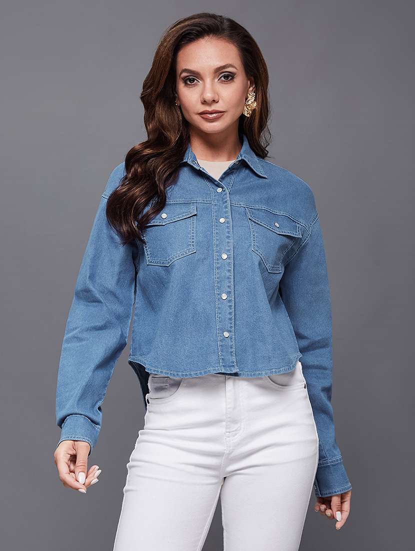 women solid blue denim regular shirt