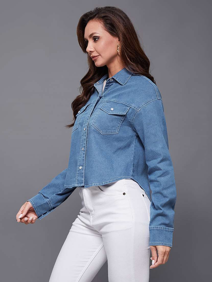 women solid blue denim regular shirt - 22472497 -  Standard Image - 3