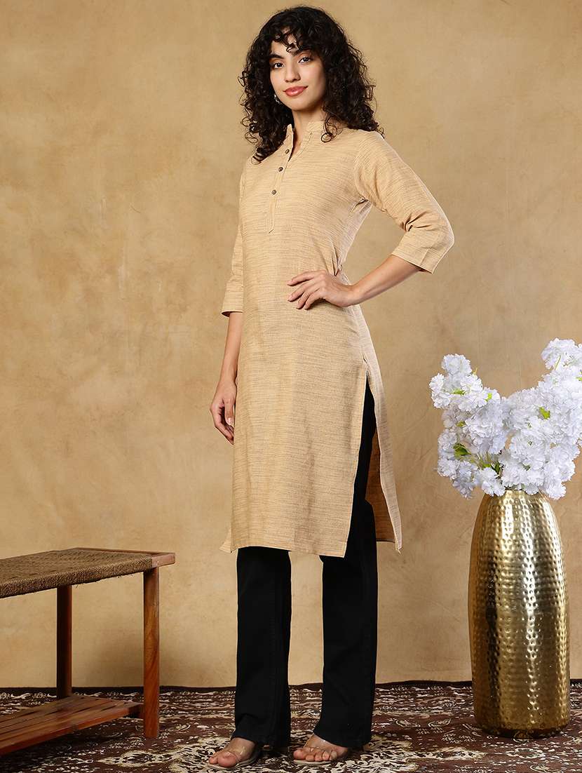 Women Beige Cotton Straight Kurta - 22472534 -  Standard Image - 3