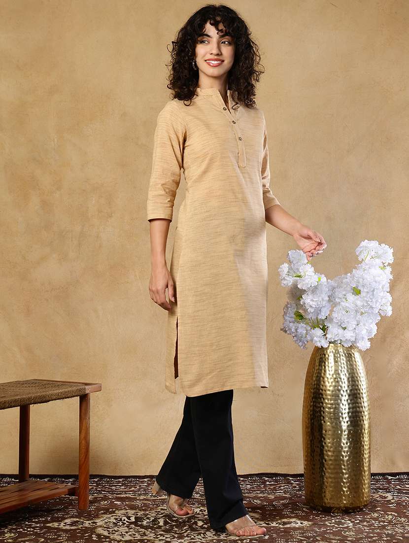 Women Beige Cotton Straight Kurta - 22472534 -  Standard Image - 5