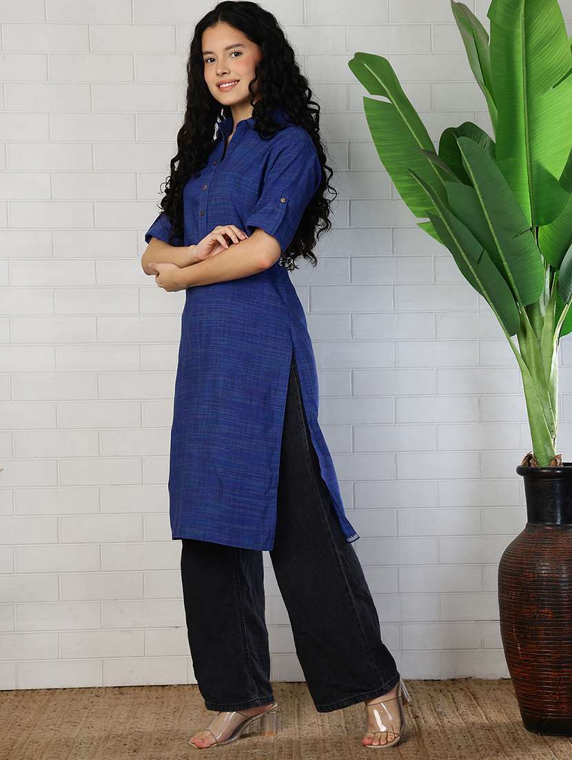 Women Blue Cotton Straight Kurta - 22472537 -  Standard Image - 3