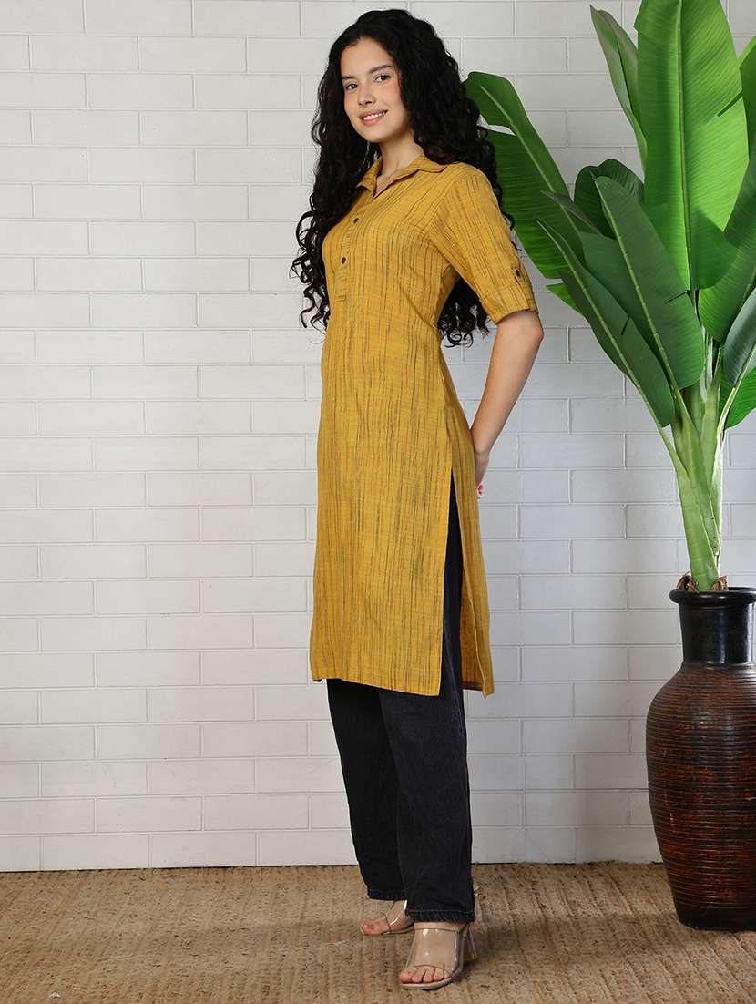 women mustard cotton straight kurta - 22472538 -  Standard Image - 3