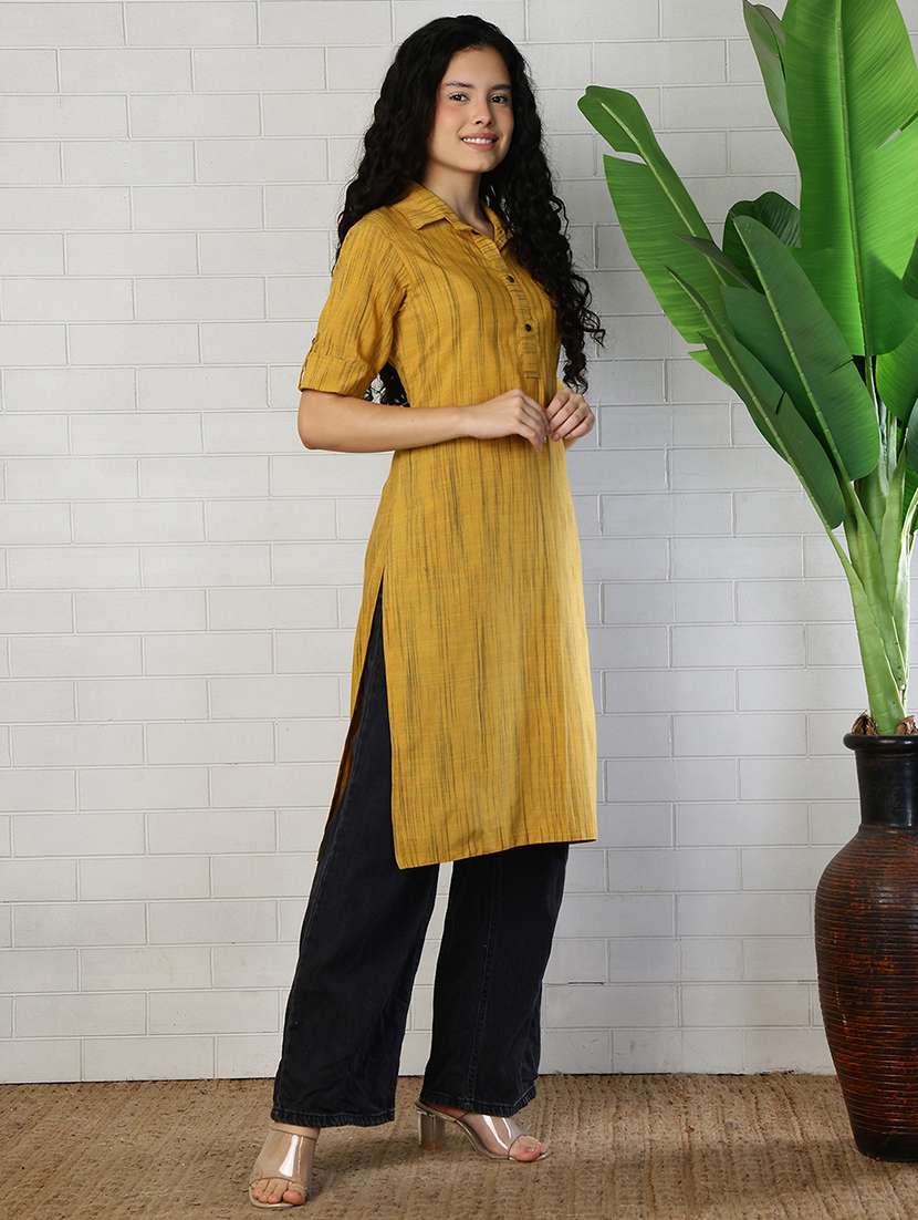 women mustard cotton straight kurta - 22472538 -  Standard Image - 5