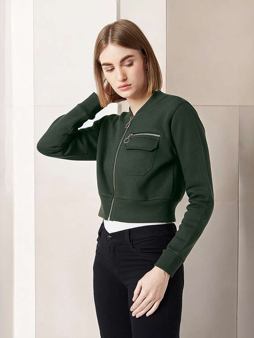 women green polyester biker jacket