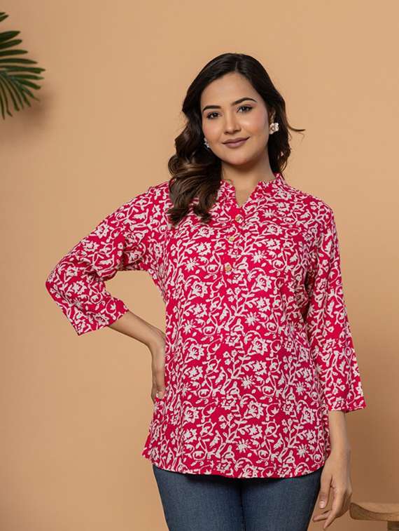 women pink colored cotton a-line kurti