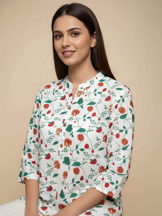 women floral three quarter sleeve a-line kurti
