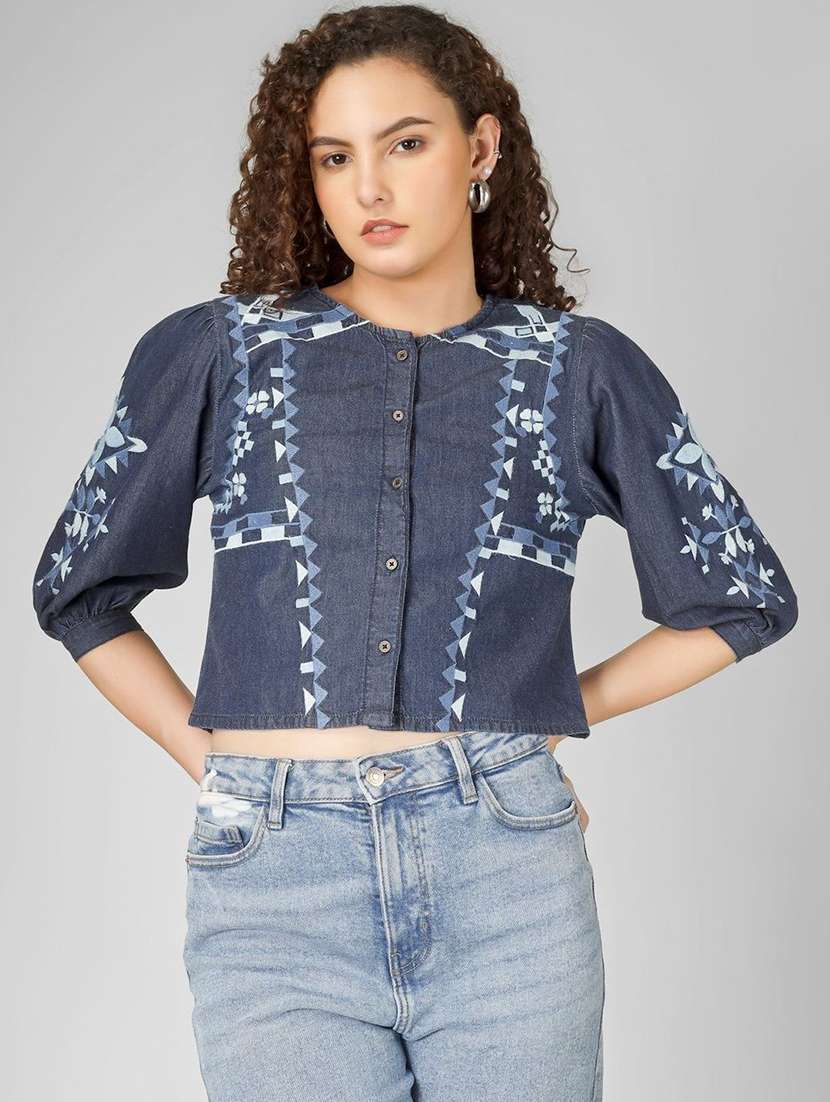 women printed blue cotton crop top