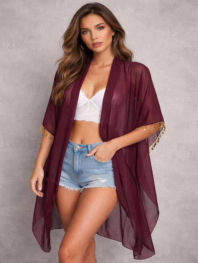 women brown  solid georgette coverup