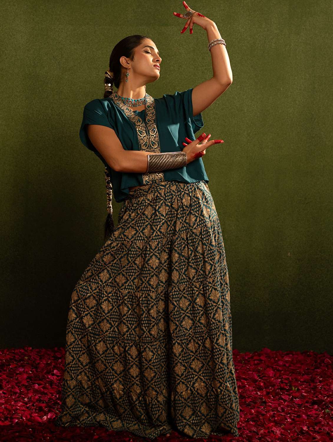 women solid with work short sleeve ethnic co-ord set - 22473066 -  Standard Image - 3