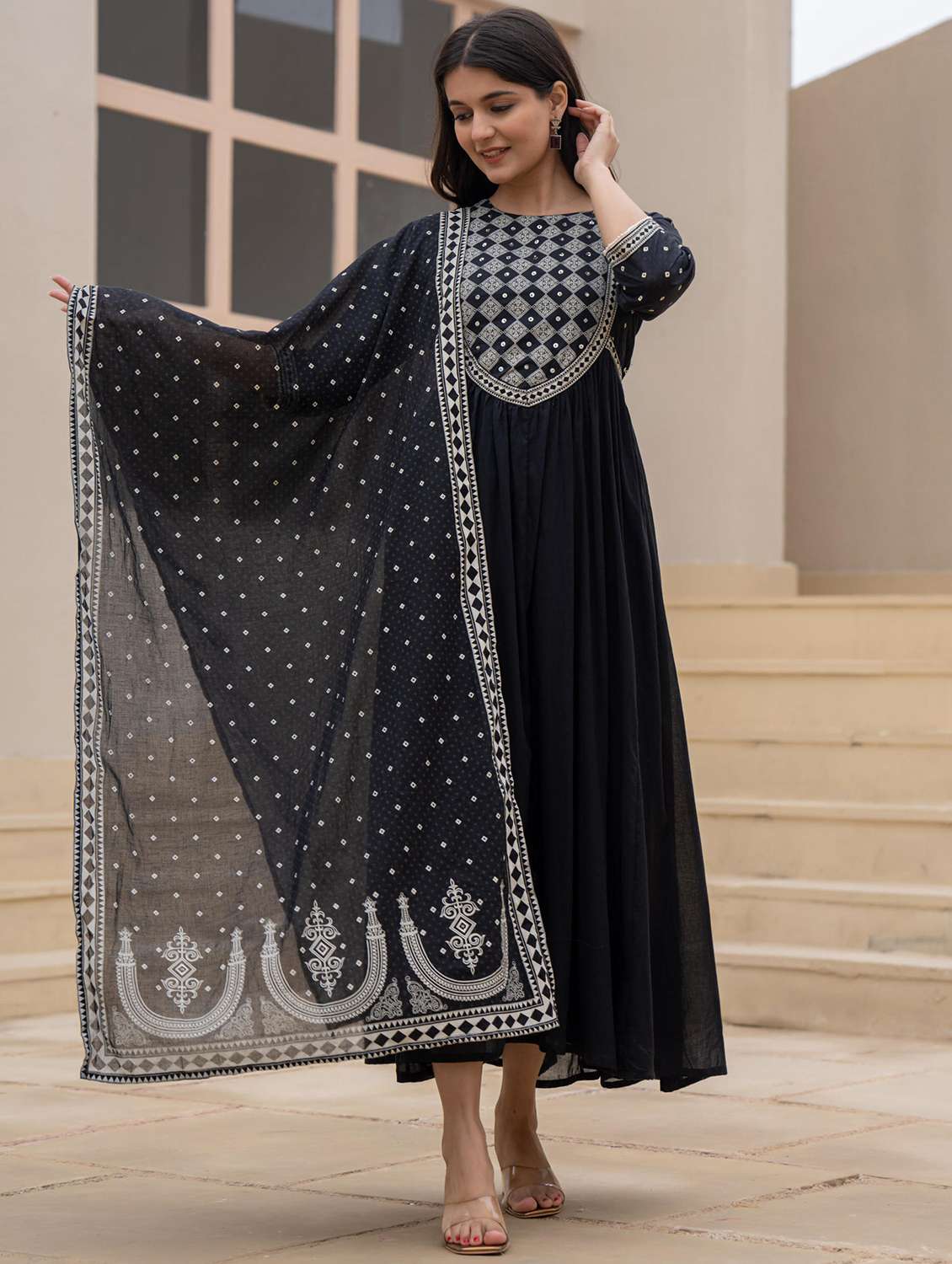 women black cotton fit & flare ethnic dress