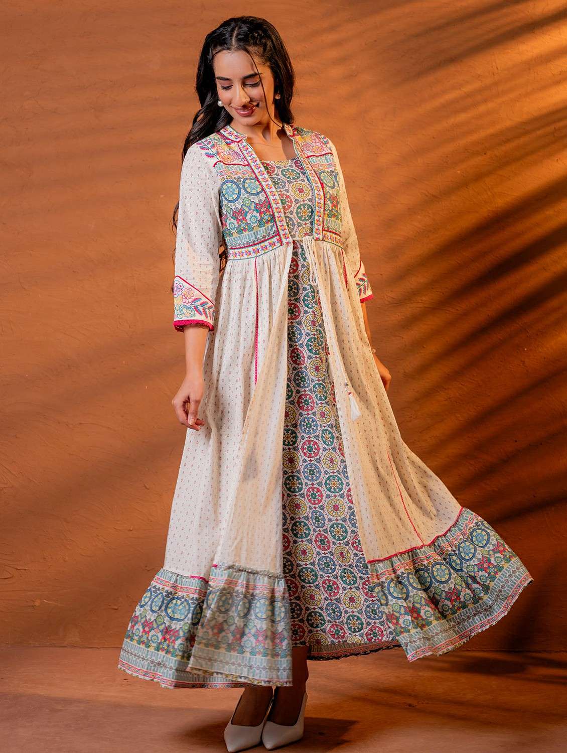 women beige cotton fit & flare ethnic dress