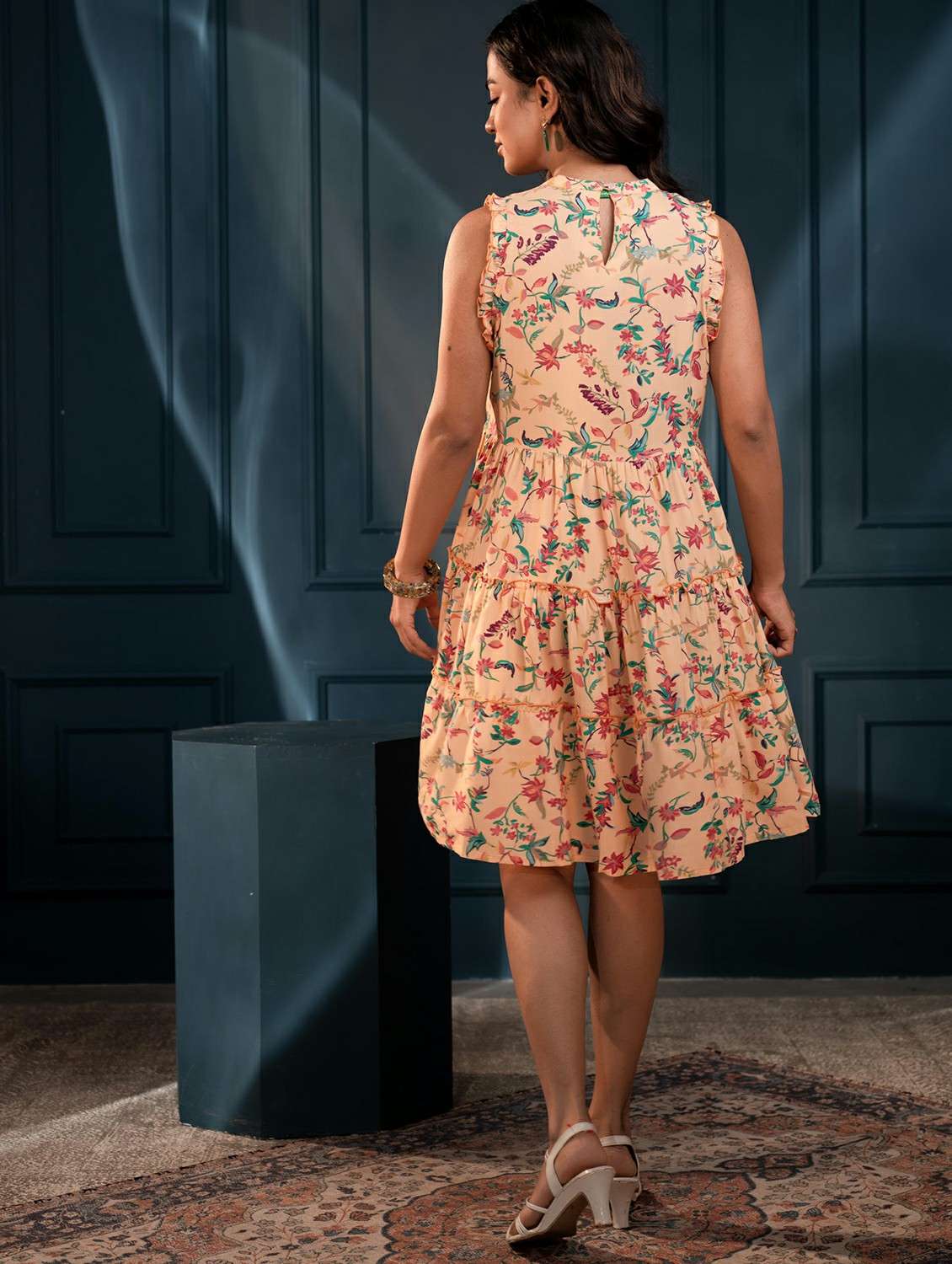 women printed peach viscose fit & flare ethnic dress - 22473087 -  Standard Image - 3