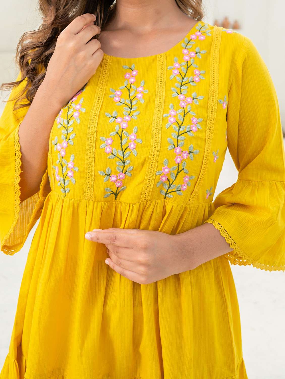 women solid with work round neck tiered ethnic dress - 22473091 -  Standard Image - 3