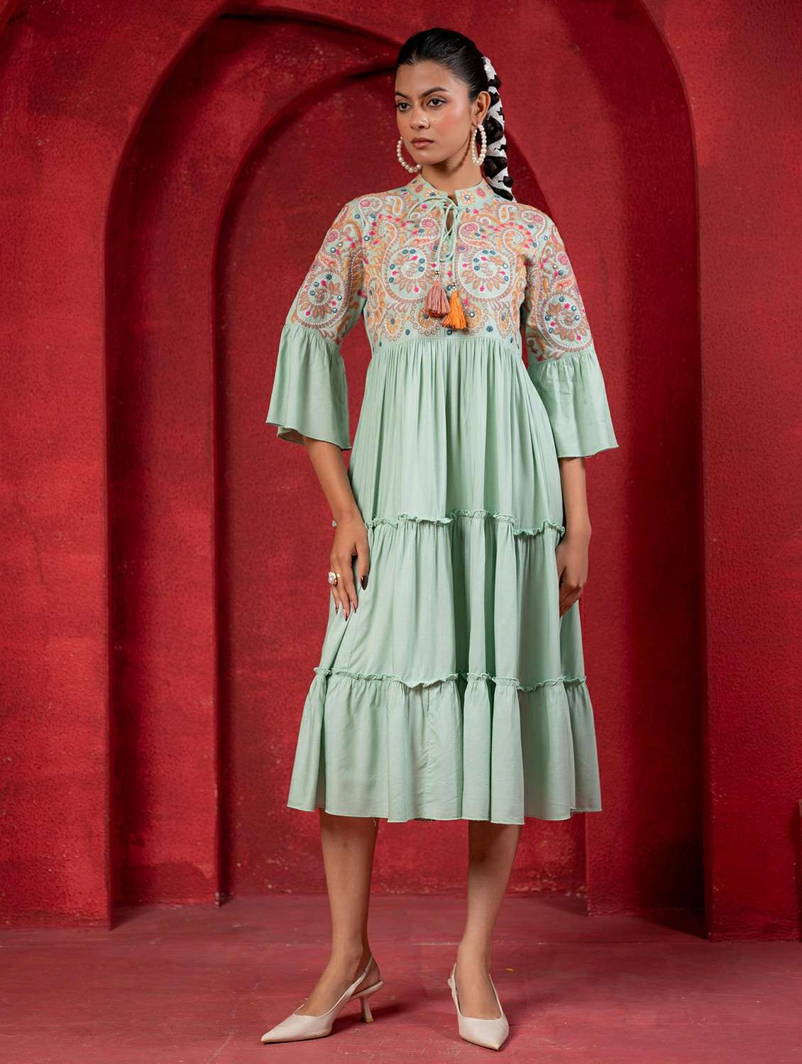women printed green viscose fit & flare ethnic dress