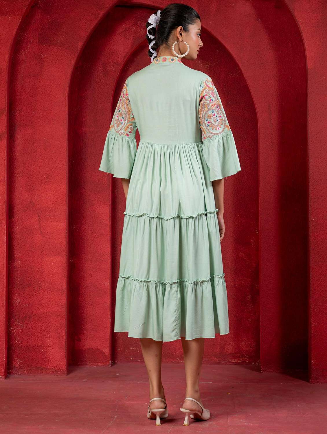 women printed green viscose fit & flare ethnic dress - 22473103 -  Standard Image - 3
