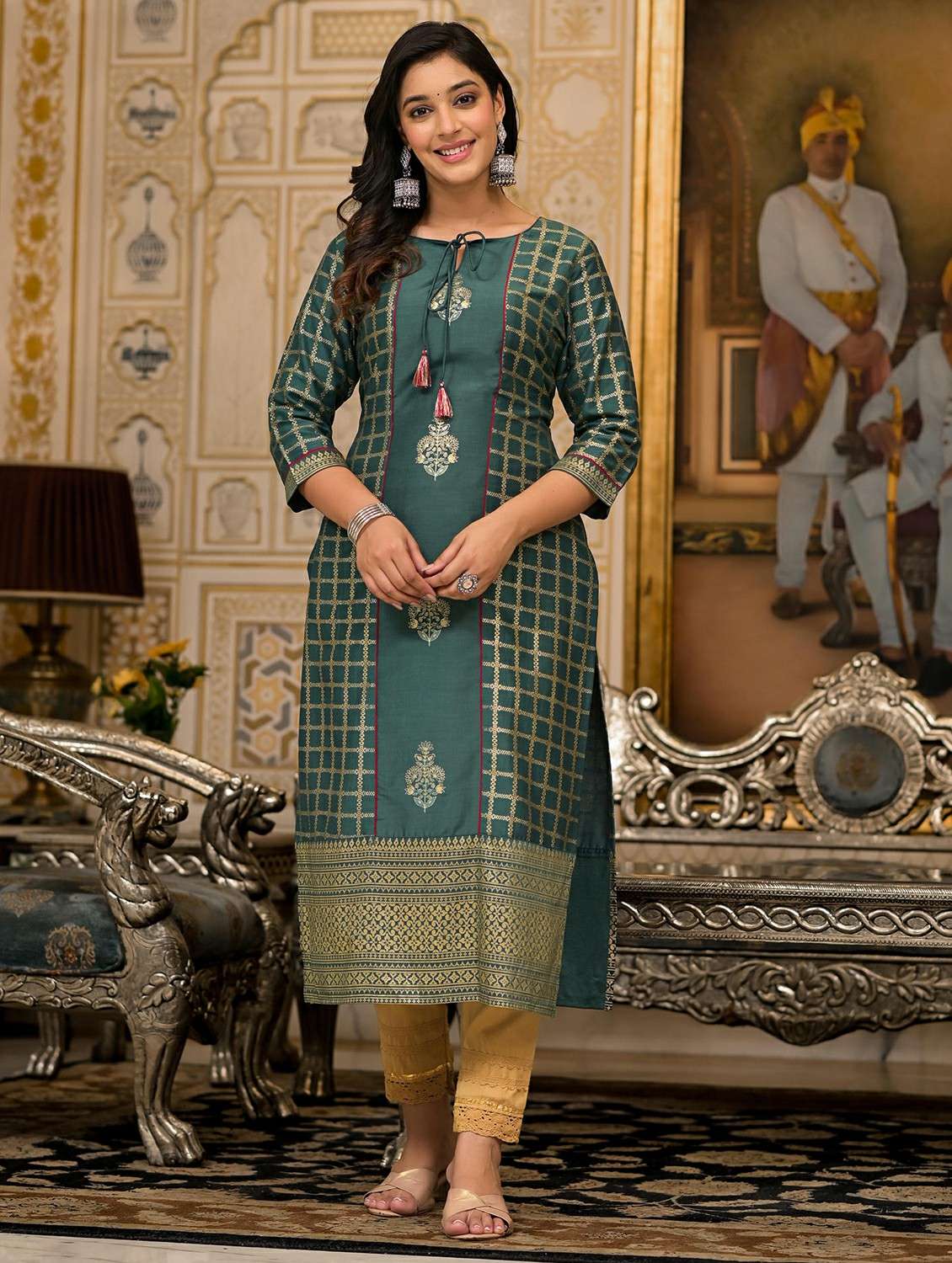 women bottle green cotton straight kurta