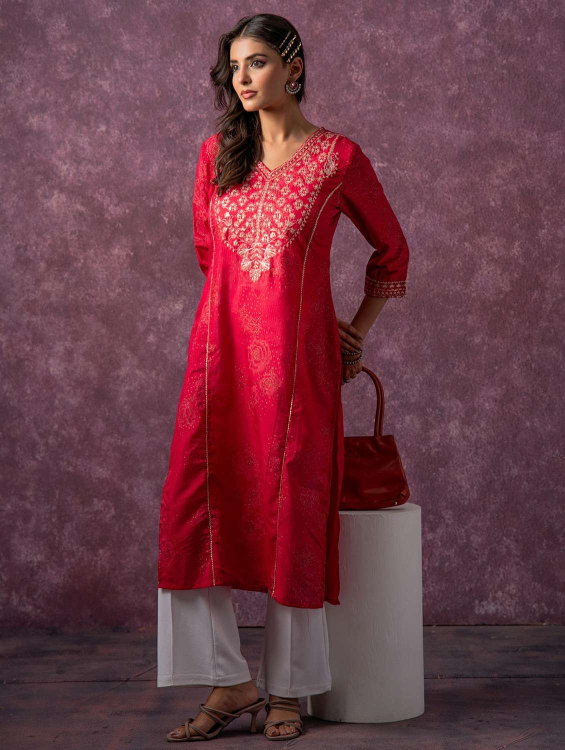 women fuchsia polyester straight kurta