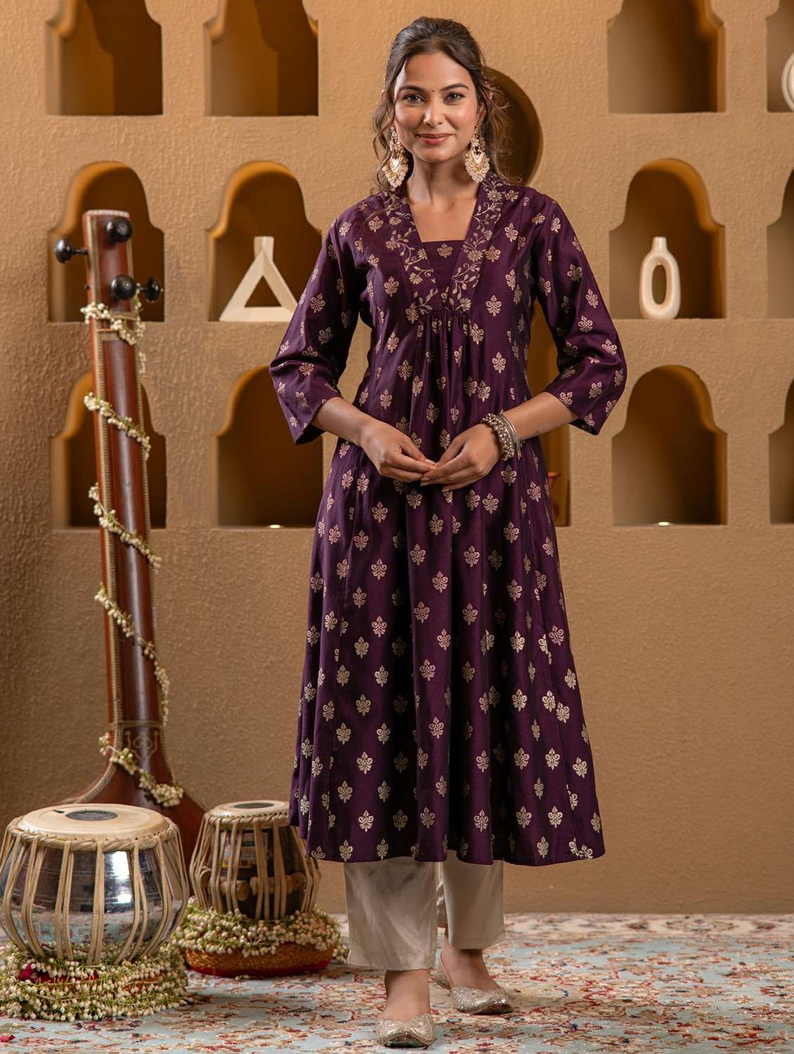 women printed three quarter sleeve a-line kurta