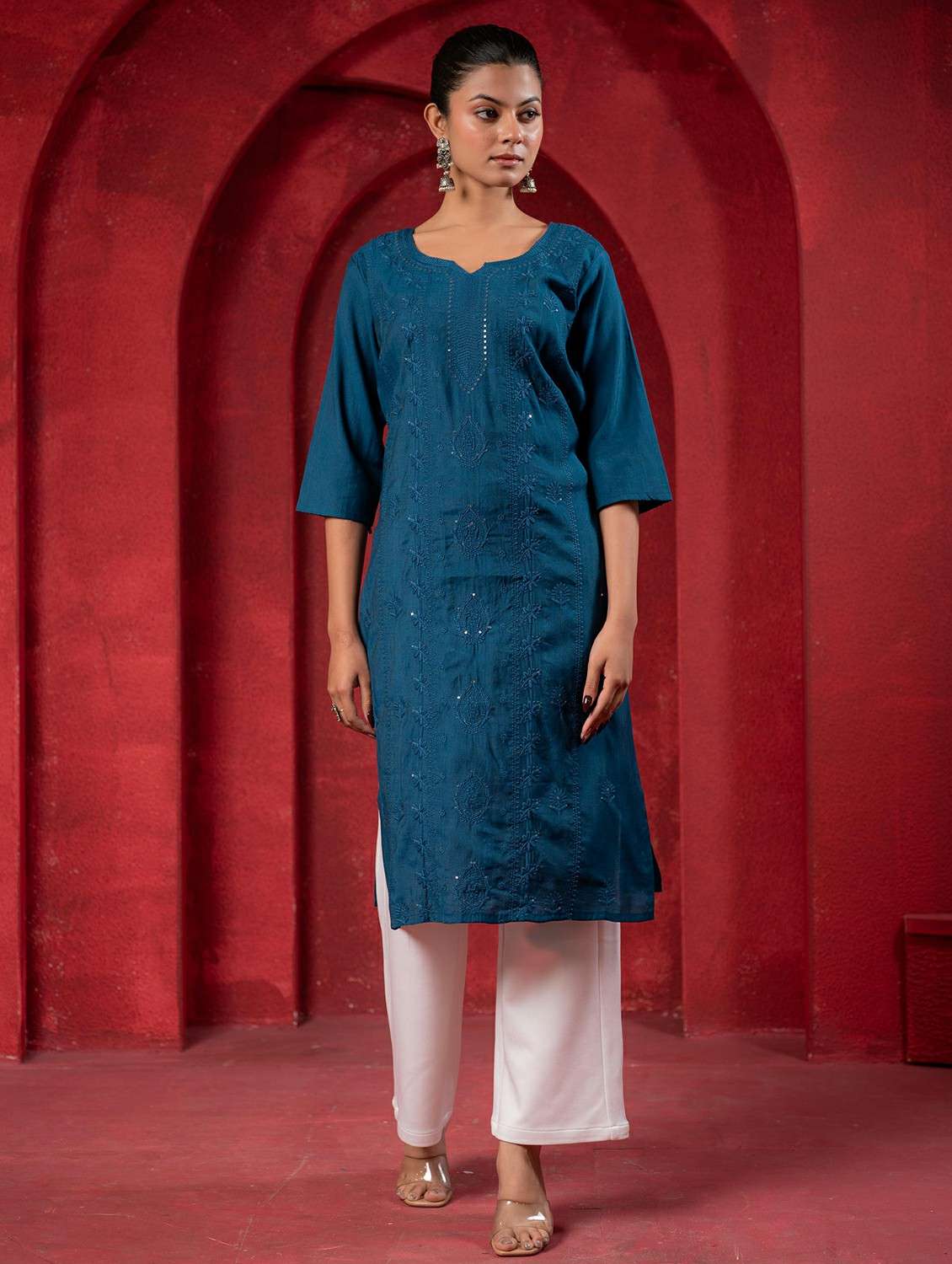 women solid with work three quarter sleeve straight kurta