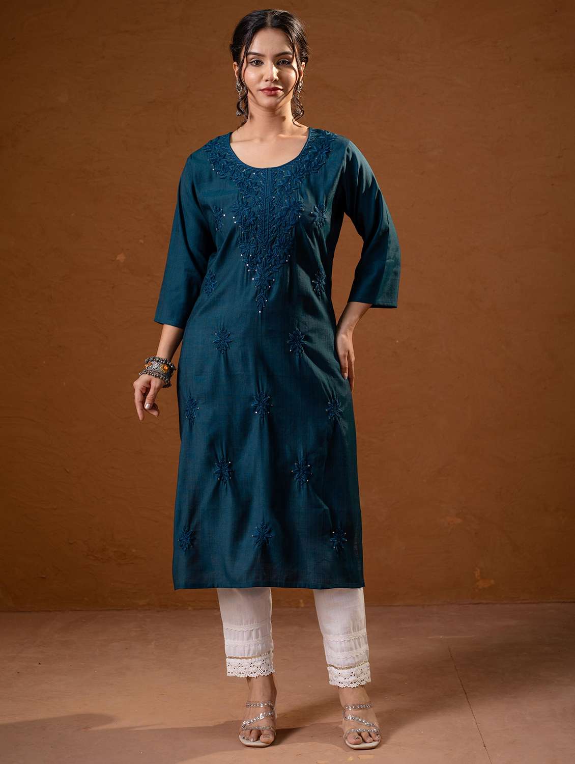 women teal viscose straight kurta
