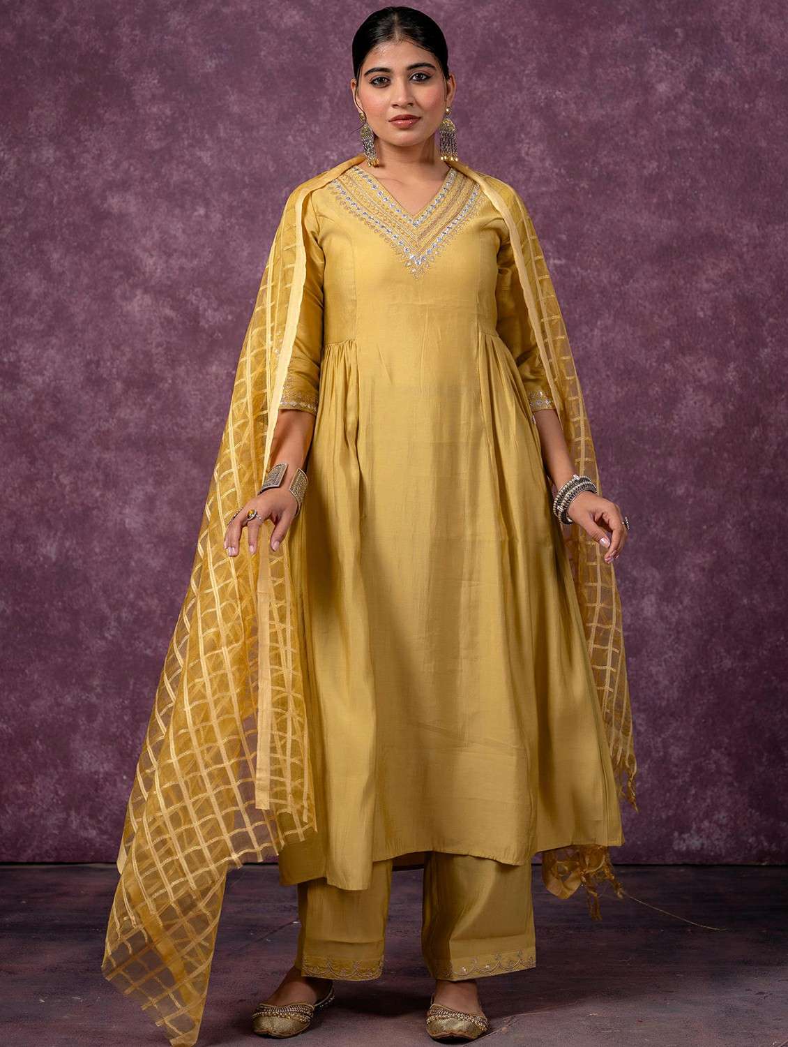 women  mustard kurta pant dupatta set