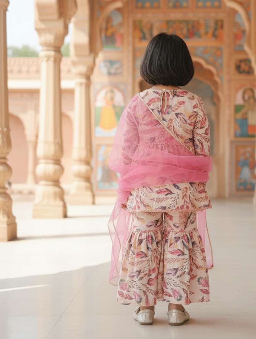 girl peach cotton blend kurta sharara set suit set - 22473201 -  Standard Image - 3