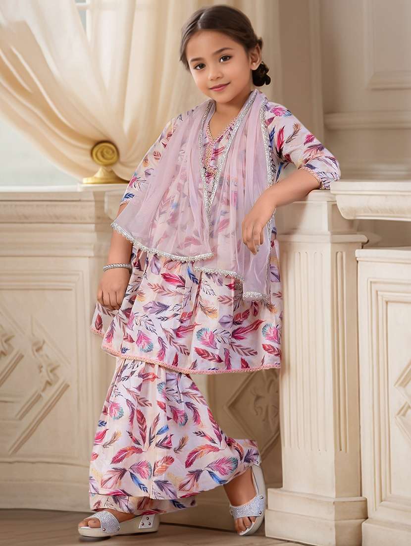 girls multi colored cotton blend kurta dupatta set suit set - 22473202 -  Standard Image - 3