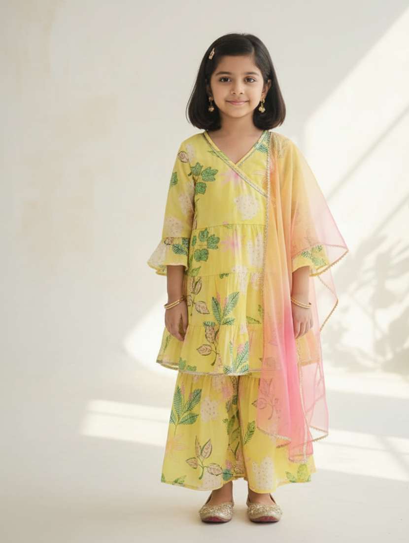 girls yellow cotton blend kurta sharara set suit set