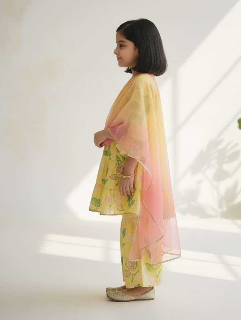 girls yellow cotton blend kurta sharara set suit set - 22473203 -  Standard Image - 3