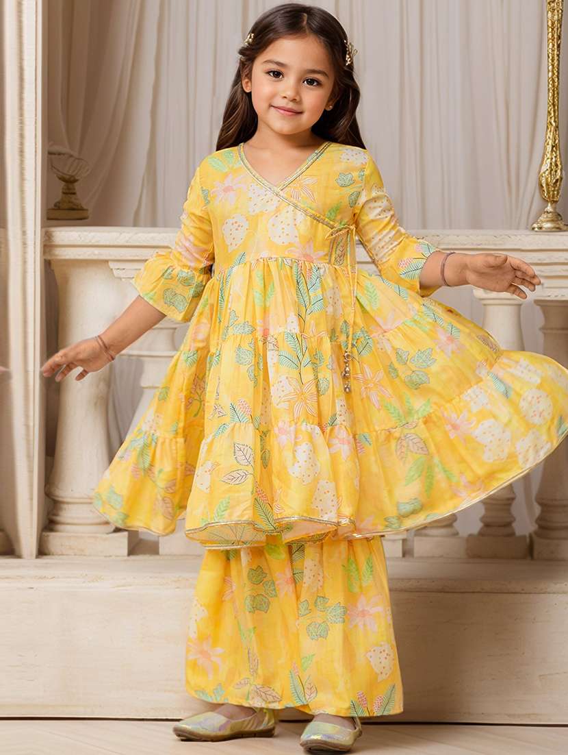 girls floral printed angrakha gotta patti anarkali kurta with sharara & dupatta