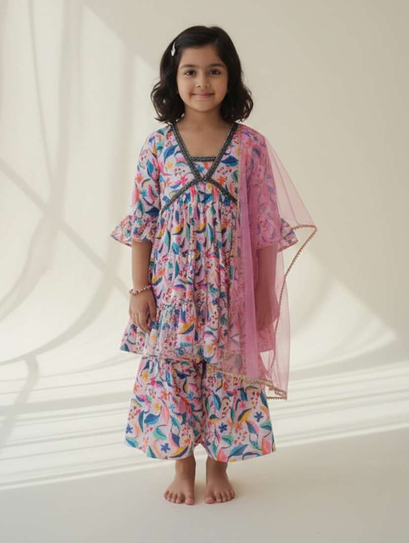 girl multi colored cotton blend kurta sharara set suit set
