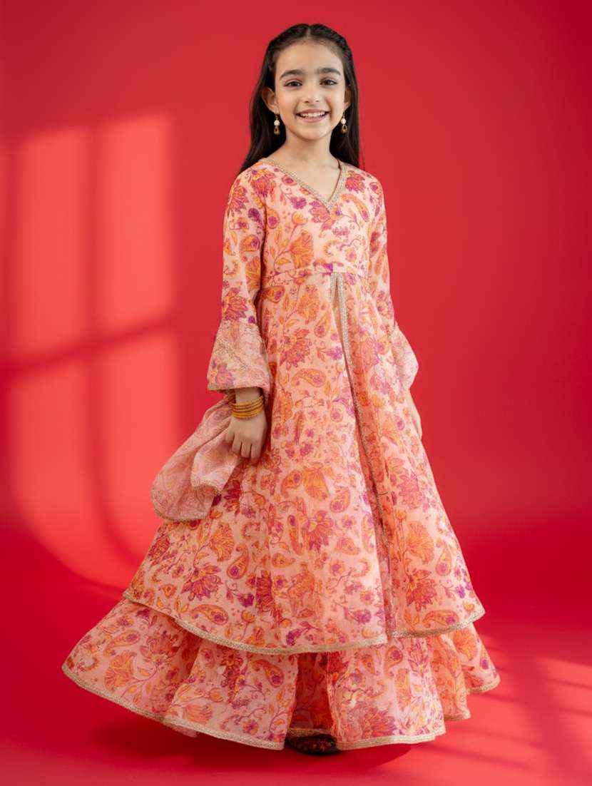 girl peach georgette kurta skirt set suit set
