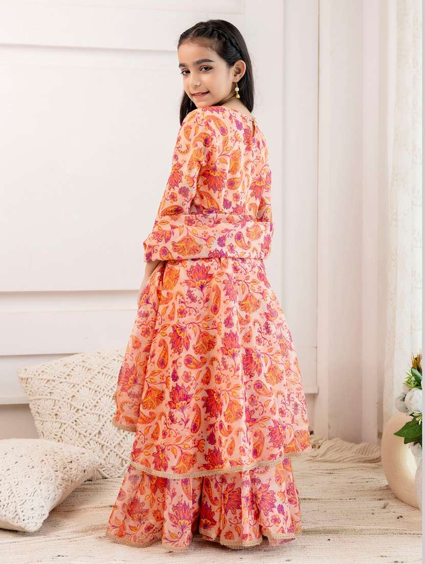 girl peach georgette kurta skirt set suit set - 22473207 -  Standard Image - 3
