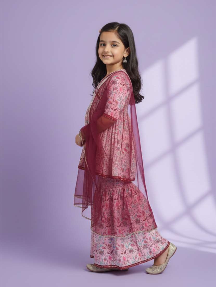 Girls Floral Peach Viscose Kurta Sharara Set Suit Set - 22473210 -  Standard Image - 3