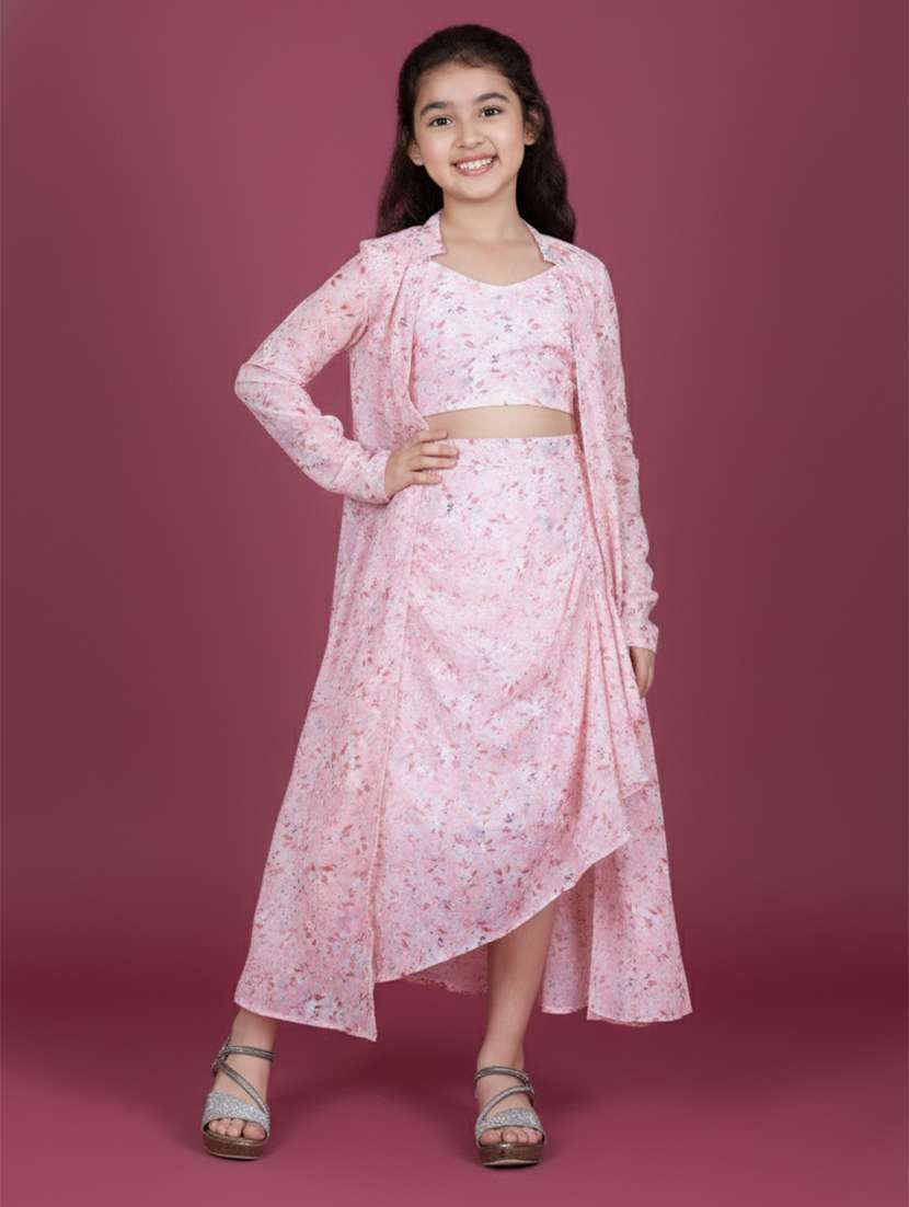 kids pink cotton skirt top set suit set
