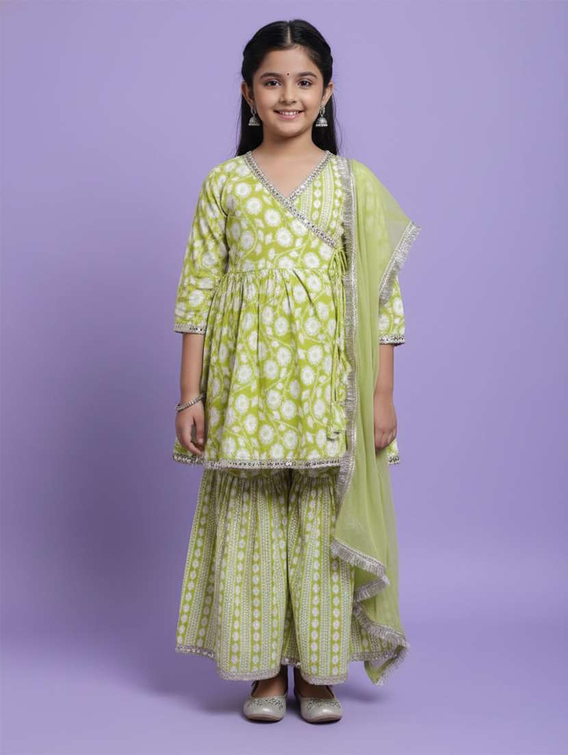girls green cotton kurta sharara set suit set