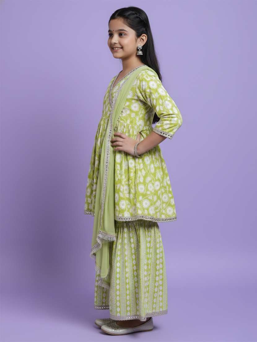 girls green cotton kurta sharara set suit set - 22473215 -  Standard Image - 3