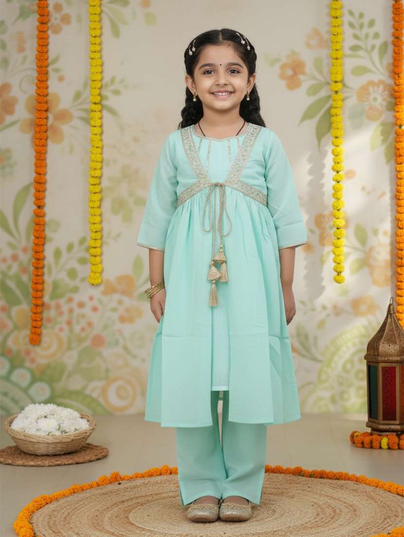 girl sea green cotton kurta pant set suit set