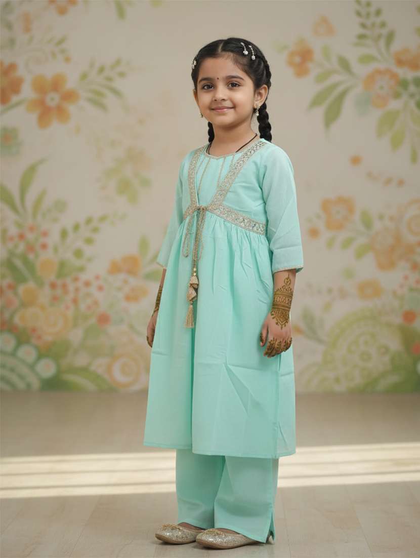 girl sea green cotton kurta pant set suit set - 22473217 -  Standard Image - 3