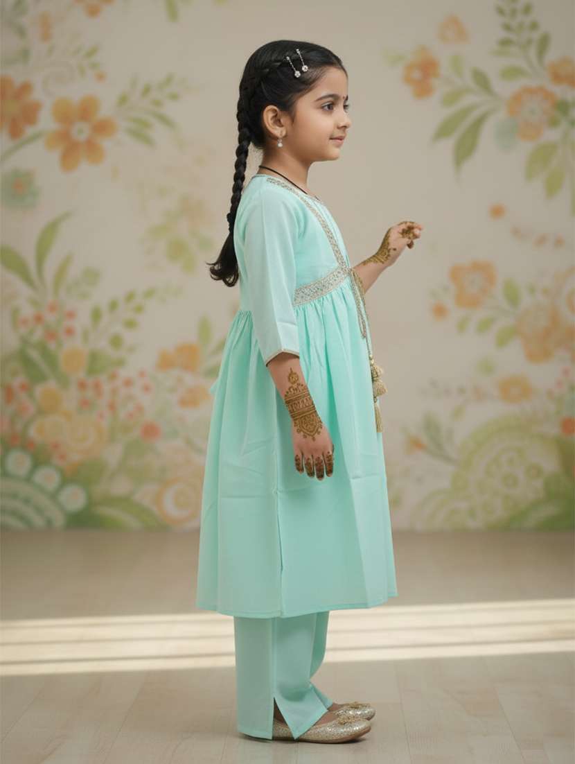 girl sea green cotton kurta pant set suit set - 22473217 -  Standard Image - 5
