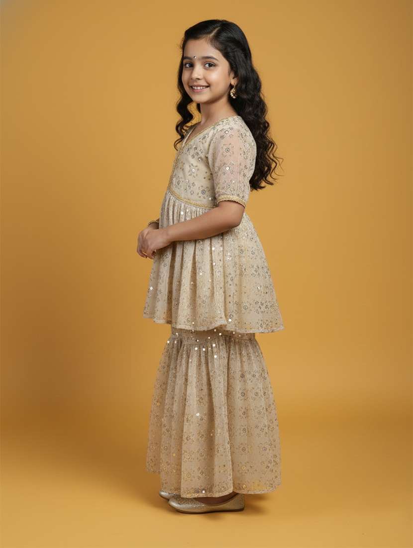 girl beige viscose kurta sharara set suit set - 22473218 -  Standard Image - 3