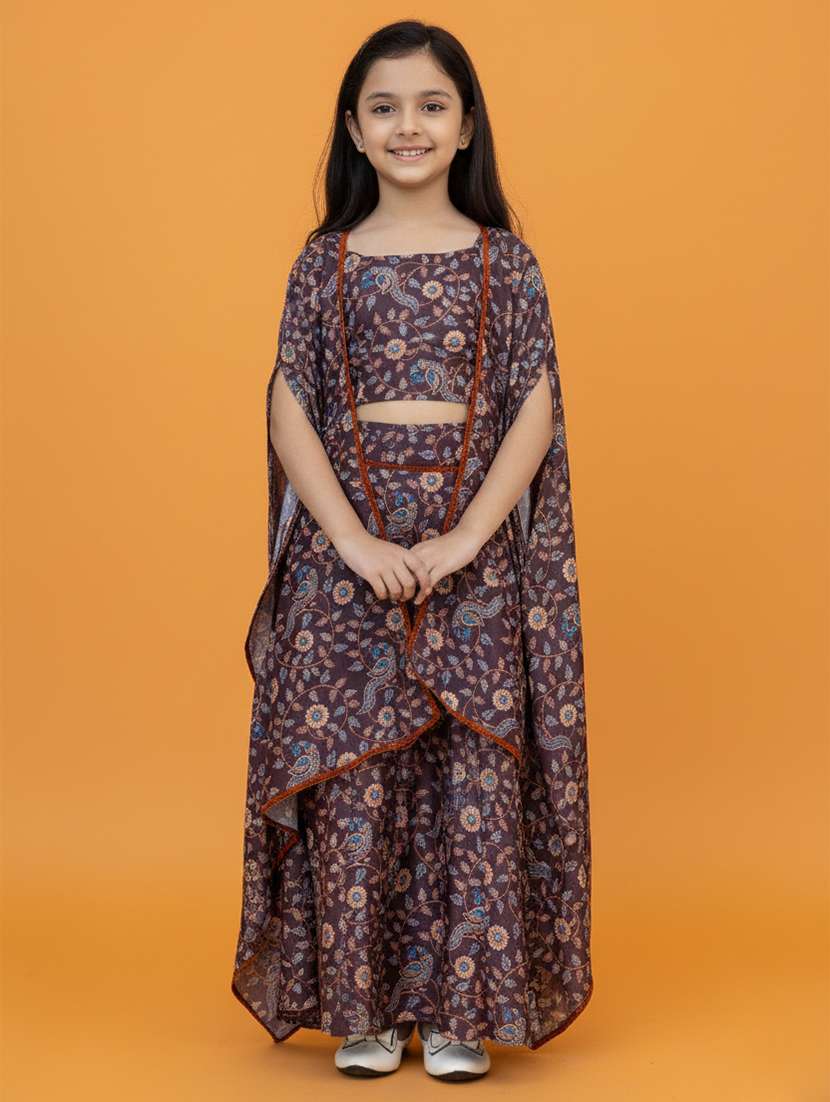 girls floral brown viscose skirt top set suit set