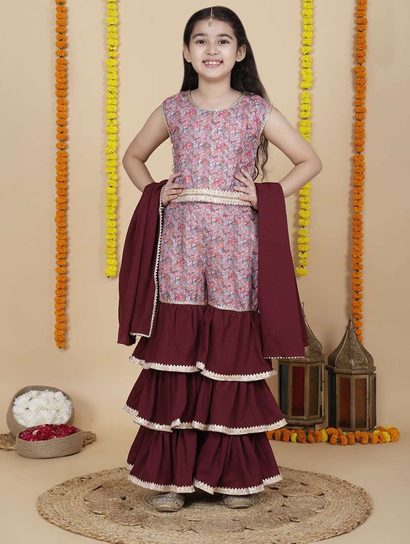 girls self design maroon viscose kurta sharara set suit set