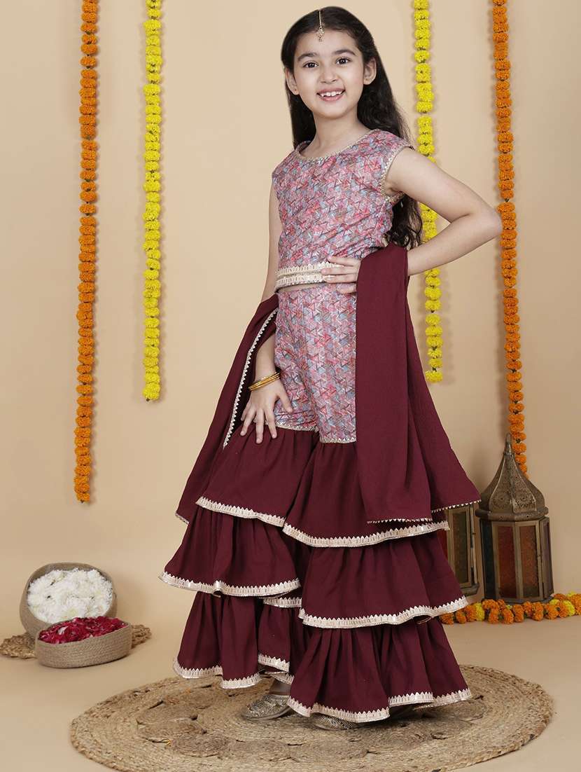 girls self design maroon viscose kurta sharara set suit set - 22473223 -  Standard Image - 3