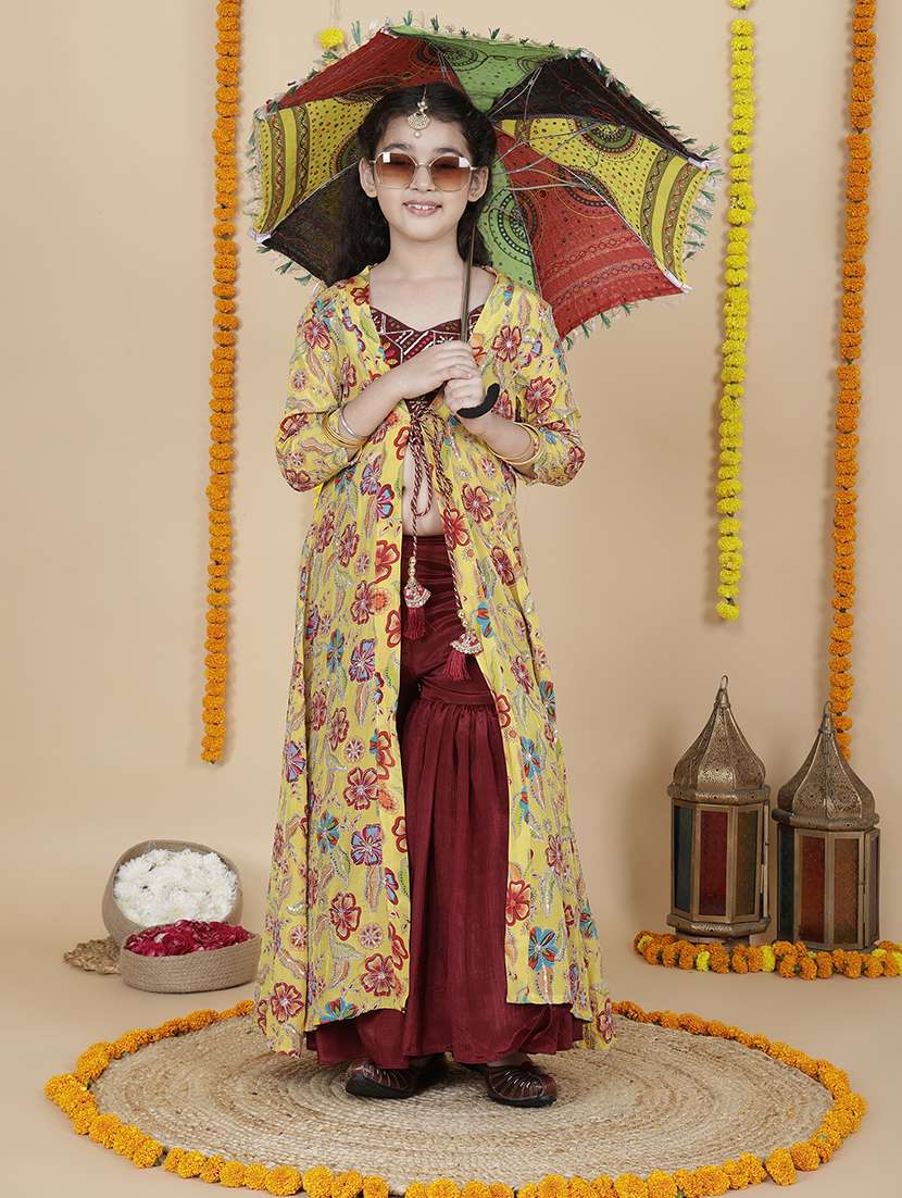 girls printed multi colored silk blend suit set suit set