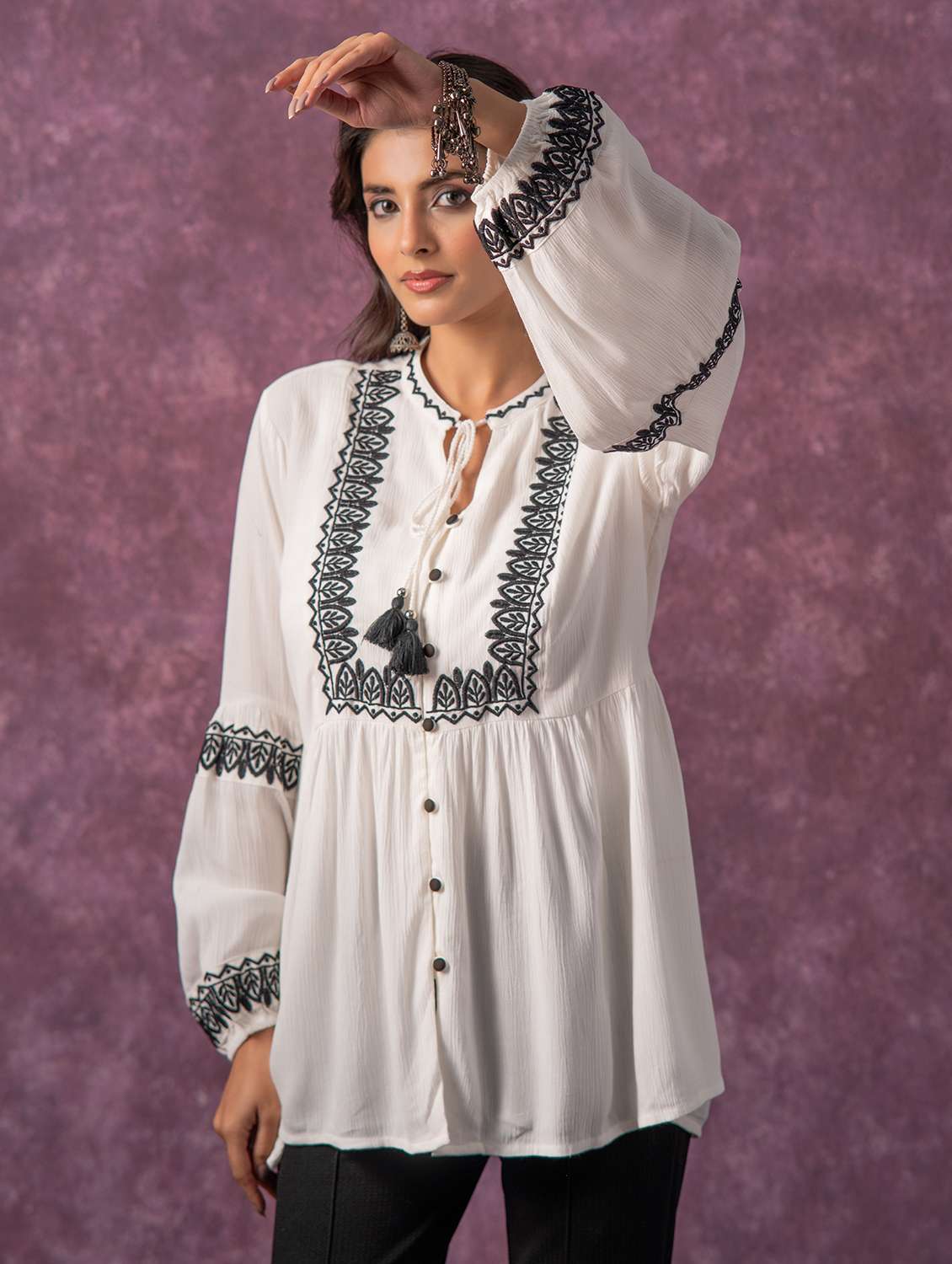 women embroidered tie up neck flared tunic - 22473248 -  Standard Image - 3