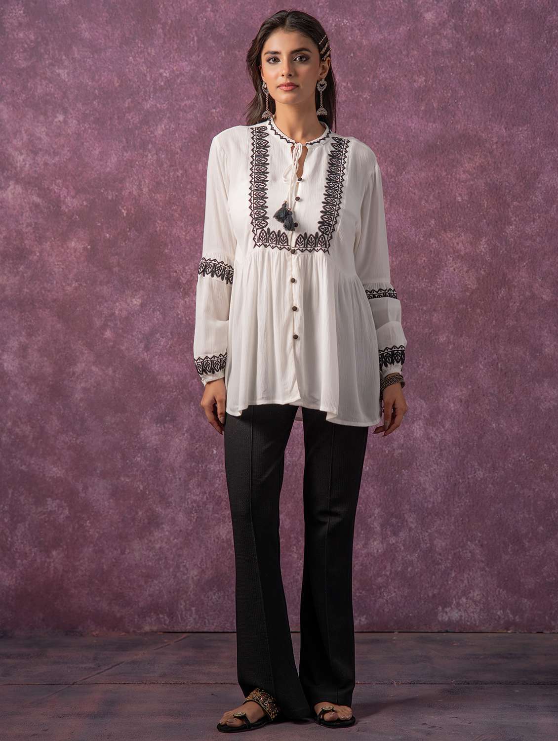women embroidered tie up neck flared tunic - 22473248 -  Standard Image - 5